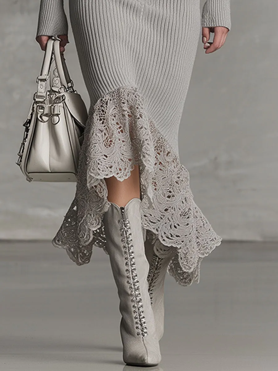 Exquisite Retro Lace Patchwork Gray Knitted Maxi Dress sold by Oyrosy product image thumbnail 4