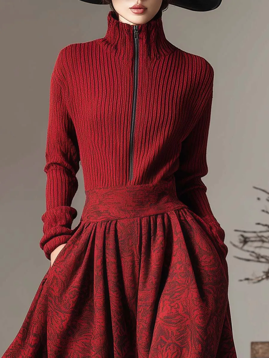 Vintage Christmas Limited Edition Red Front Zipper Knitted Patchwork Printed Bubble Hem Maxi Dress sold by Oyrosy product image thumbnail 3