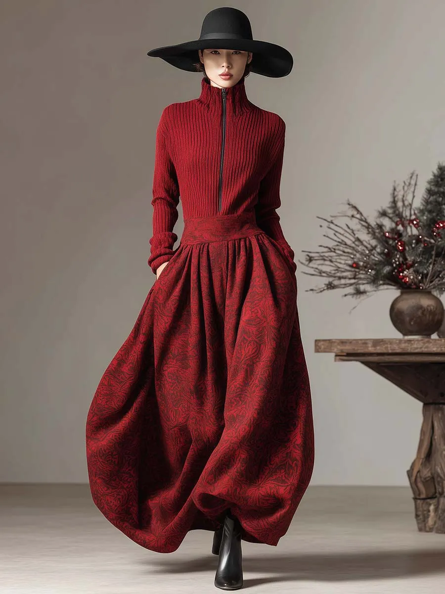 Vintage Christmas Limited Edition Red Front Zipper Knitted Patchwork Printed Bubble Hem Maxi Dress sold by Oyrosy product image thumbnail 2