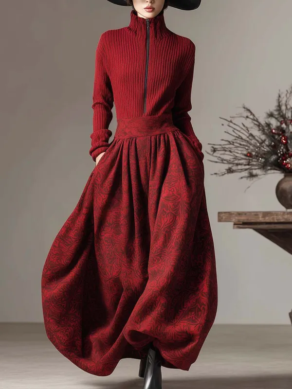 Vintage Christmas Limited Edition Red Front Zipper Knitted Patchwork Printed Bubble Hem Maxi Dress sold by Oyrosy