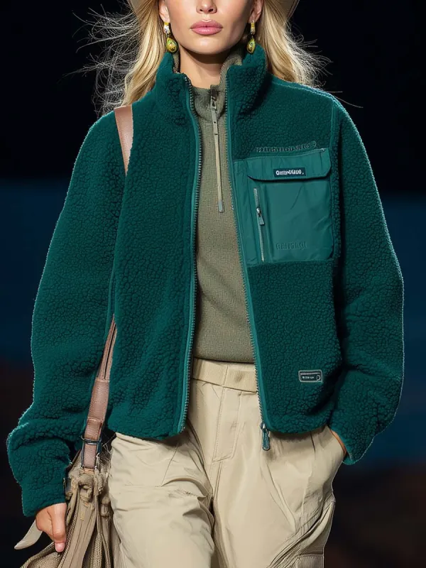 Vintage Fashion Sports Forest Green Stand Collar Front Zipper Fleece Jacket sold by Oyrosy