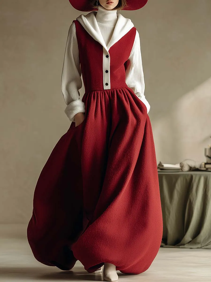 Christmas Limited Edition Retro Hooded V-neck Front Button Red Wool Vest Style Bubble Hem Maxi Dress sold by Oyrosy