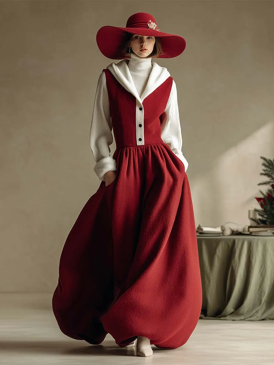 Christmas Limited Edition Retro Hooded V-neck Front Button Red Wool Vest Style Bubble Hem Maxi Dress sold by Oyrosy product image thumbnail 2