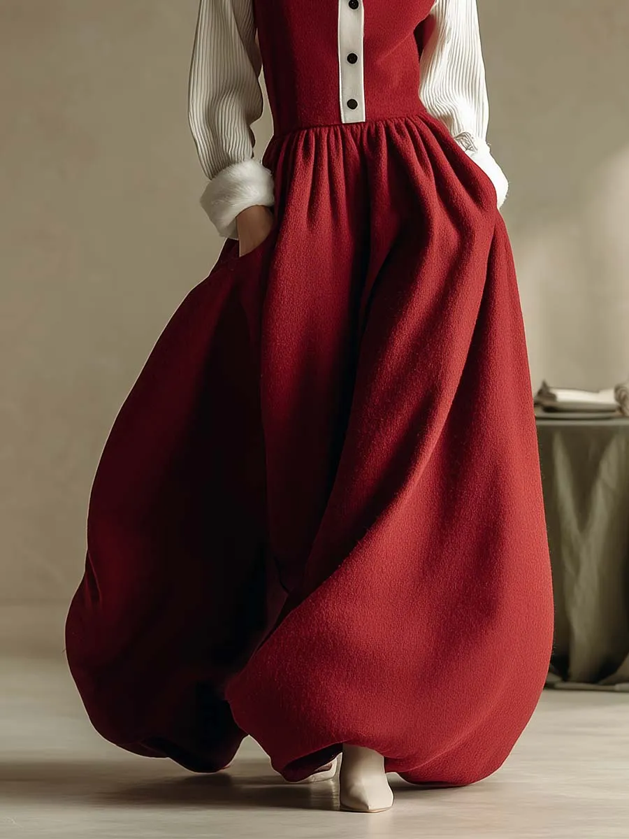 Christmas Limited Edition Retro Hooded V-neck Front Button Red Wool Vest Style Bubble Hem Maxi Dress sold by Oyrosy product image thumbnail 4