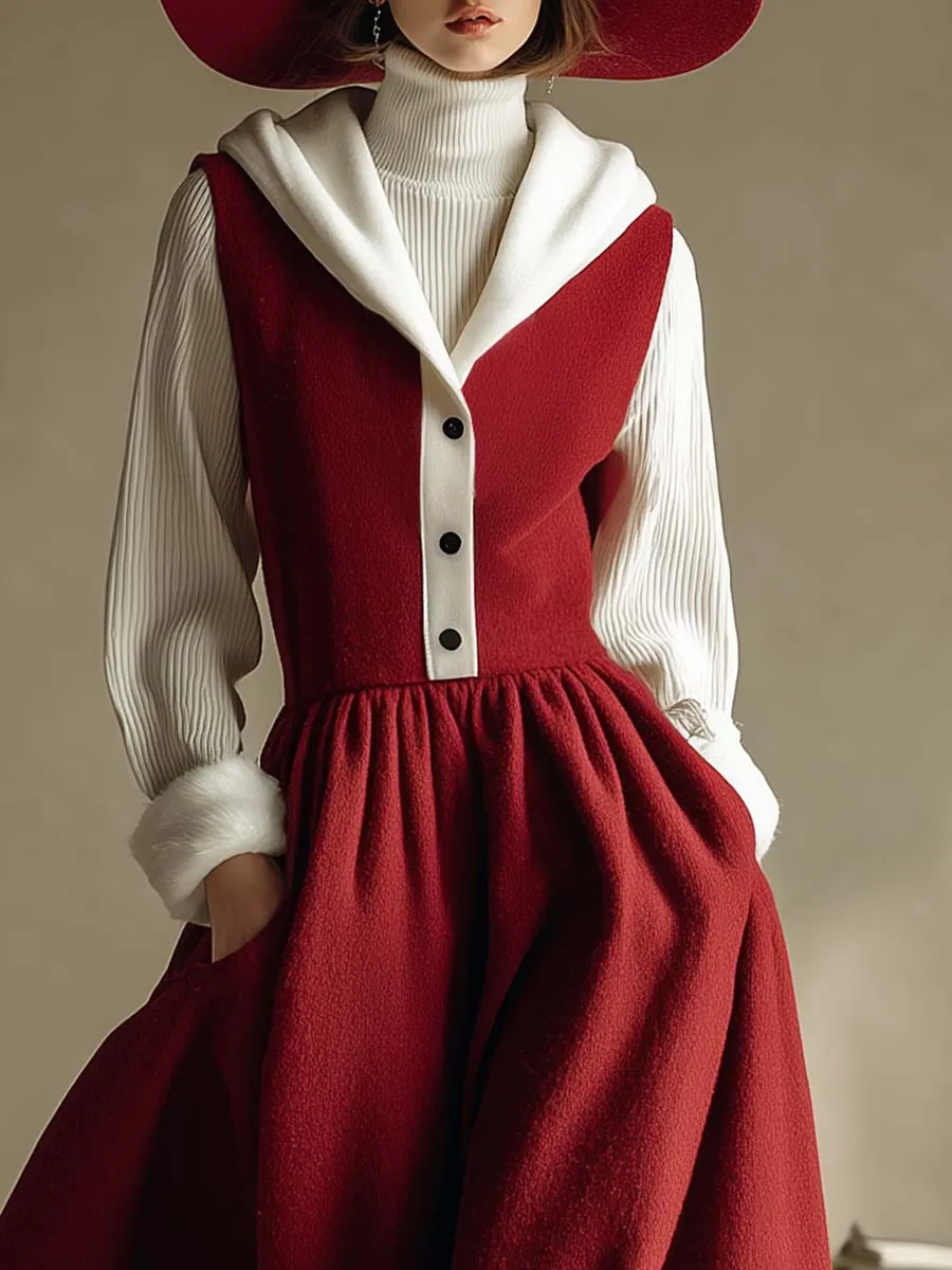 Christmas Limited Edition Retro Hooded V-neck Front Button Red Wool Vest Style Bubble Hem Maxi Dress sold by Oyrosy product image thumbnail 3