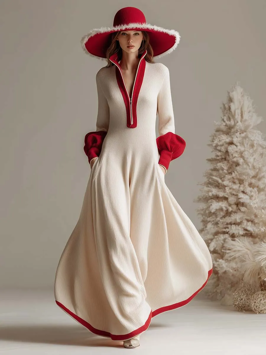 Christmas Limited Edition Lapel Front Zipper With Red Trim Cream Knit Maxi Dress sold by Oyrosy product image thumbnail 2