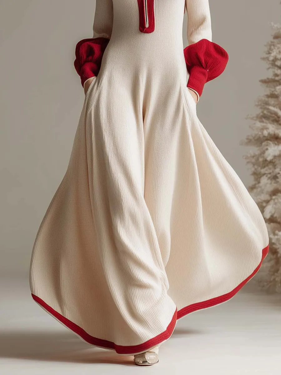 Christmas Limited Edition Lapel Front Zipper With Red Trim Cream Knit Maxi Dress sold by Oyrosy product image thumbnail 4