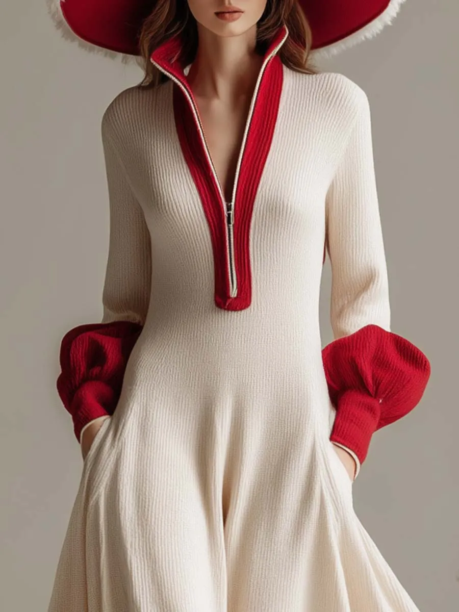 Christmas Limited Edition Lapel Front Zipper With Red Trim Cream Knit Maxi Dress sold by Oyrosy product image thumbnail 3