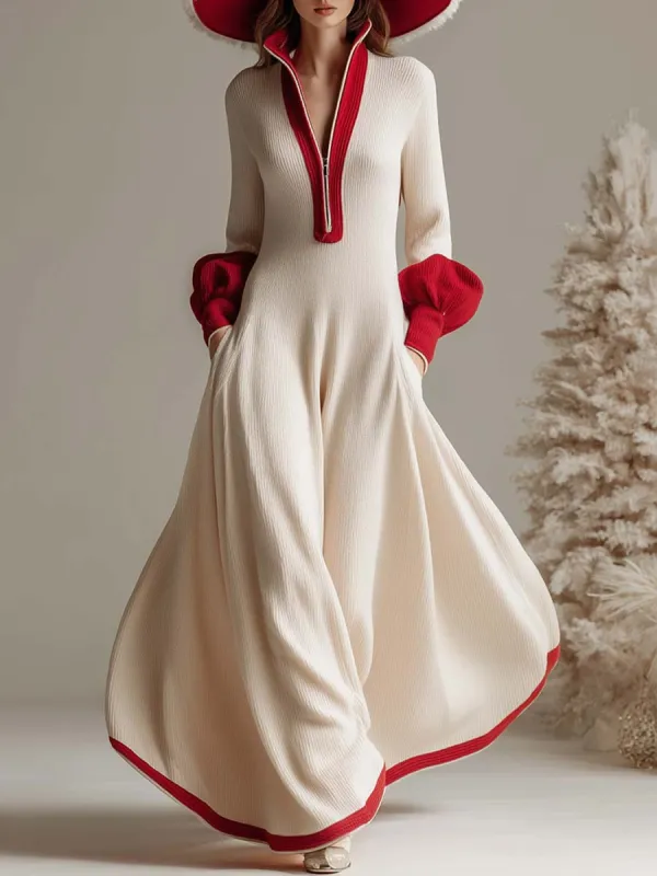Christmas Limited Edition Lapel Front Zipper With Red Trim Cream Knit Maxi Dress sold by Oyrosy