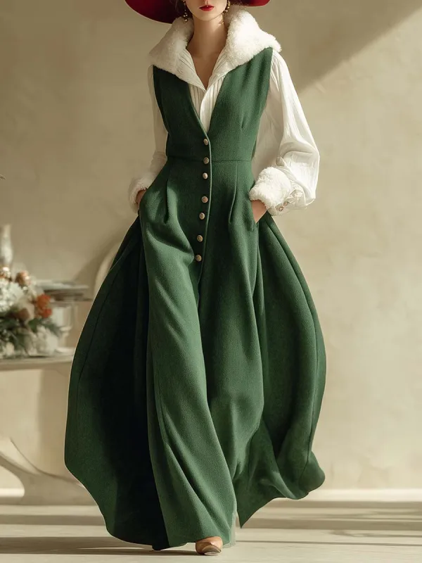Christmas Limited Edition Vintage V-neck Front Button Green Woolen Vest Maxi Dress sold by Oyrosy
