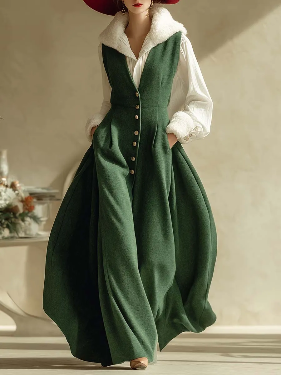 Christmas Limited Edition Vintage V-neck Front Button Green Woolen Vest Maxi Dress sold by Oyrosy