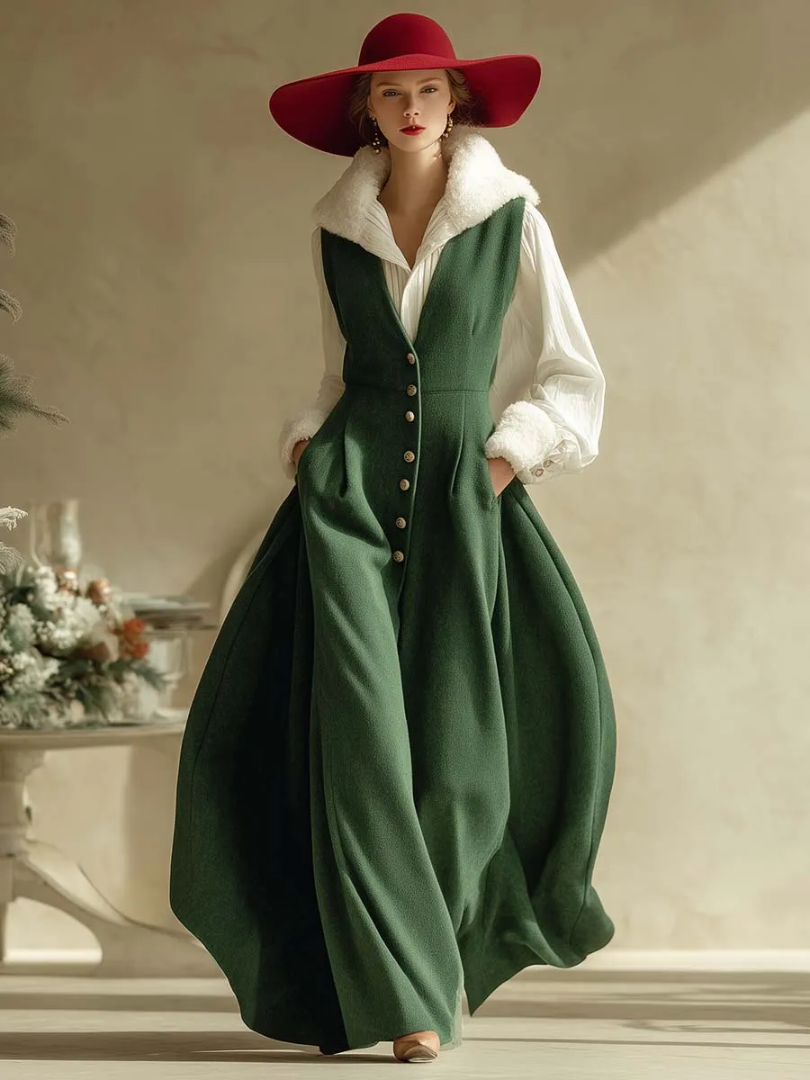 Christmas Limited Edition Vintage V-neck Front Button Green Woolen Vest Maxi Dress sold by Oyrosy product image thumbnail 2