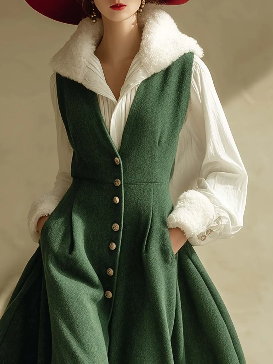 Christmas Limited Edition Vintage V-neck Front Button Green Woolen Vest Maxi Dress sold by Oyrosy product image thumbnail 3