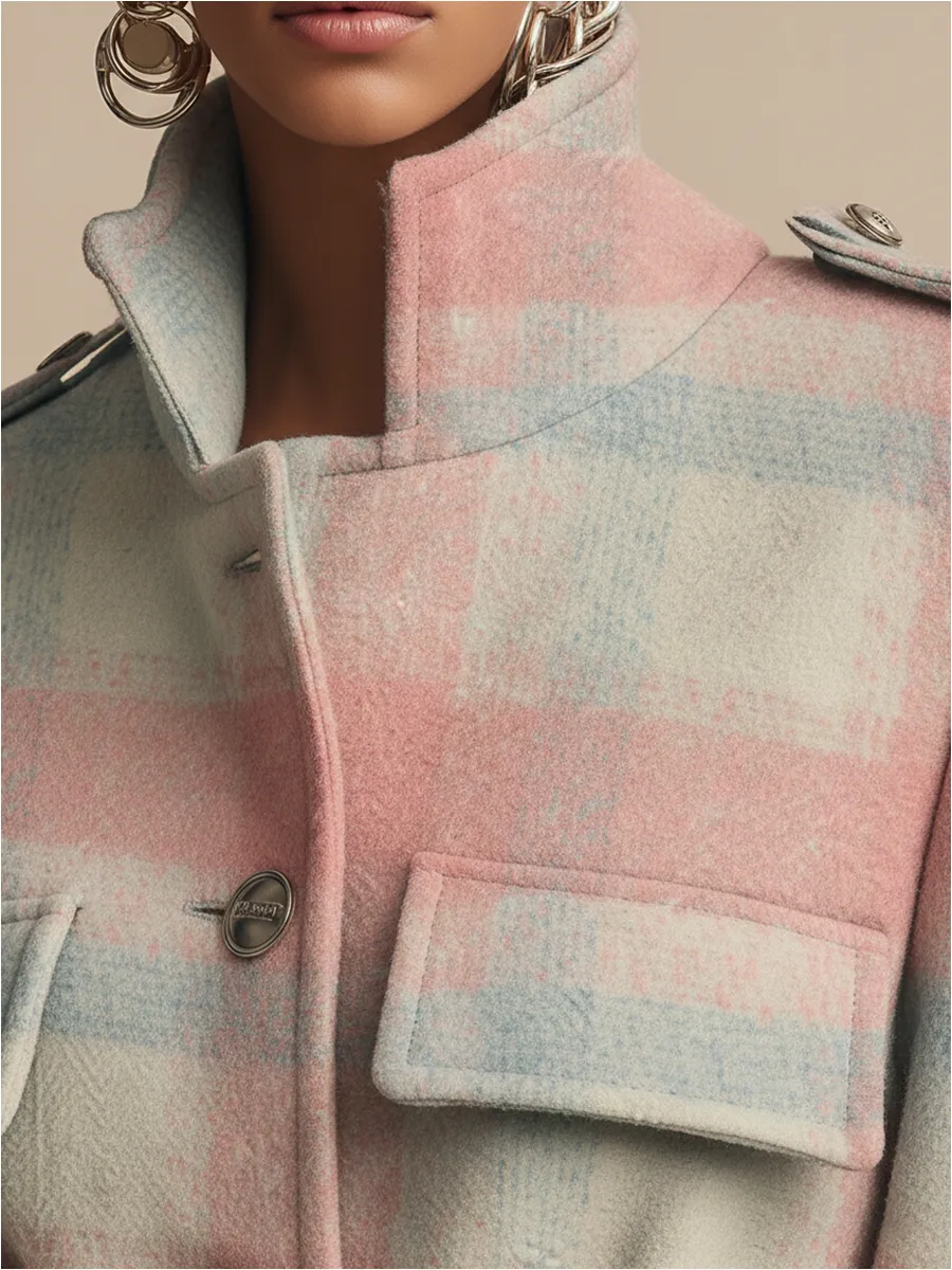 Retro Fashion Urban Plaid Stand Collar Long Woolen Coat sold by Oyrosy product image thumbnail 3