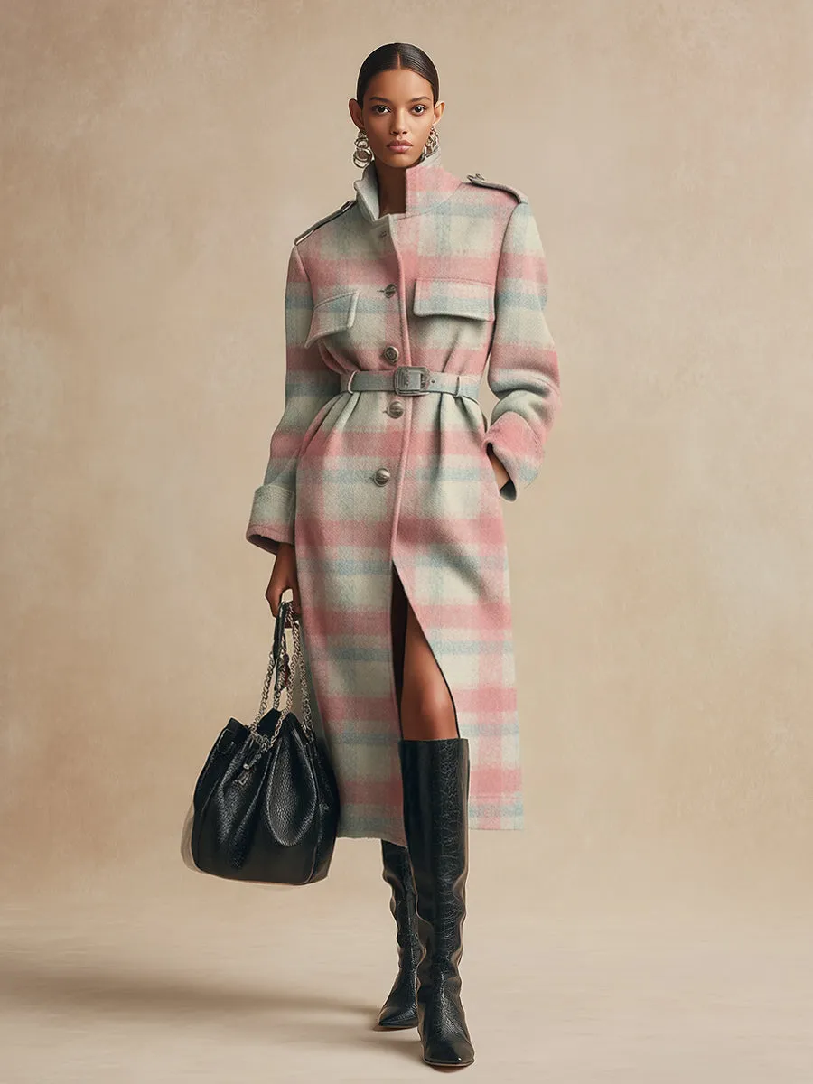 Retro Fashion Urban Plaid Stand Collar Long Woolen Coat sold by Oyrosy product image thumbnail 2