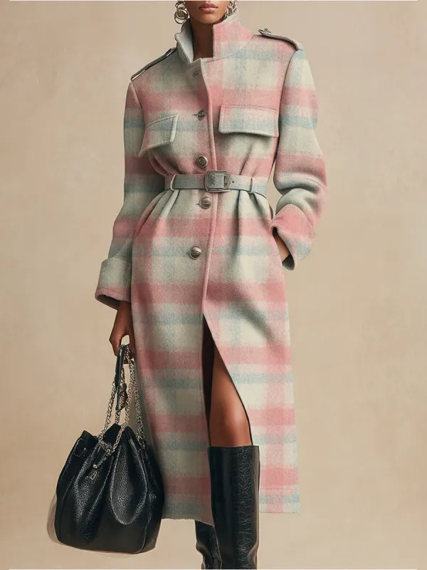 Retro Fashion Urban Plaid Stand Collar Long Woolen Coat sold by Oyrosy