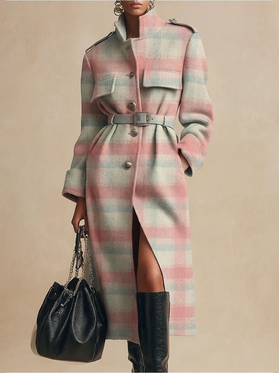 Retro Fashion Urban Plaid Stand Collar Long Woolen Coat sold by Oyrosy
