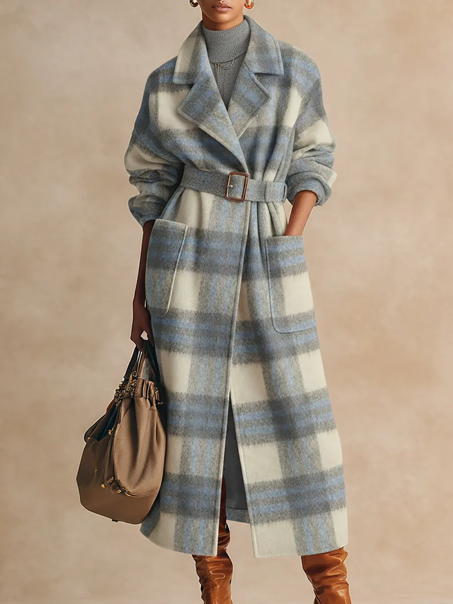 Retro Urban Elegant Plaid Lapel Long Woolen Coat sold by Oyrosy
