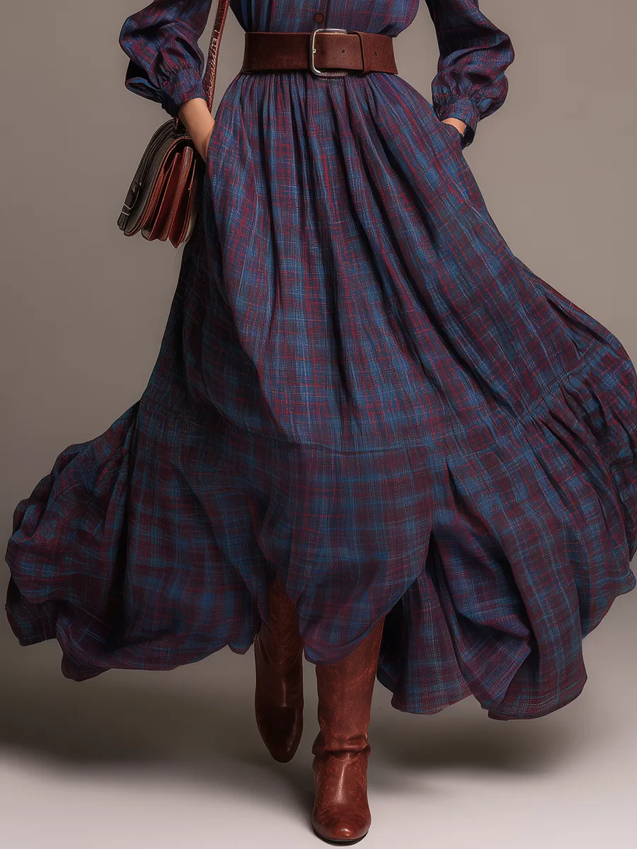 Elegant Retro Plaid Stand Collar Long Sleeve Dress sold by Oyrosy product image thumbnail 4