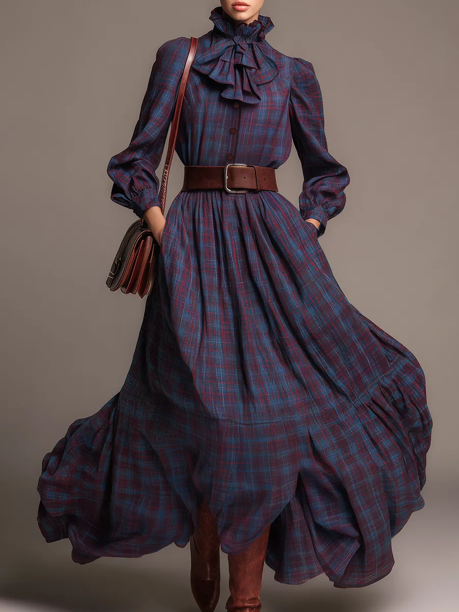 Elegant Retro Plaid Stand Collar Long Sleeve Dress sold by Oyrosy
