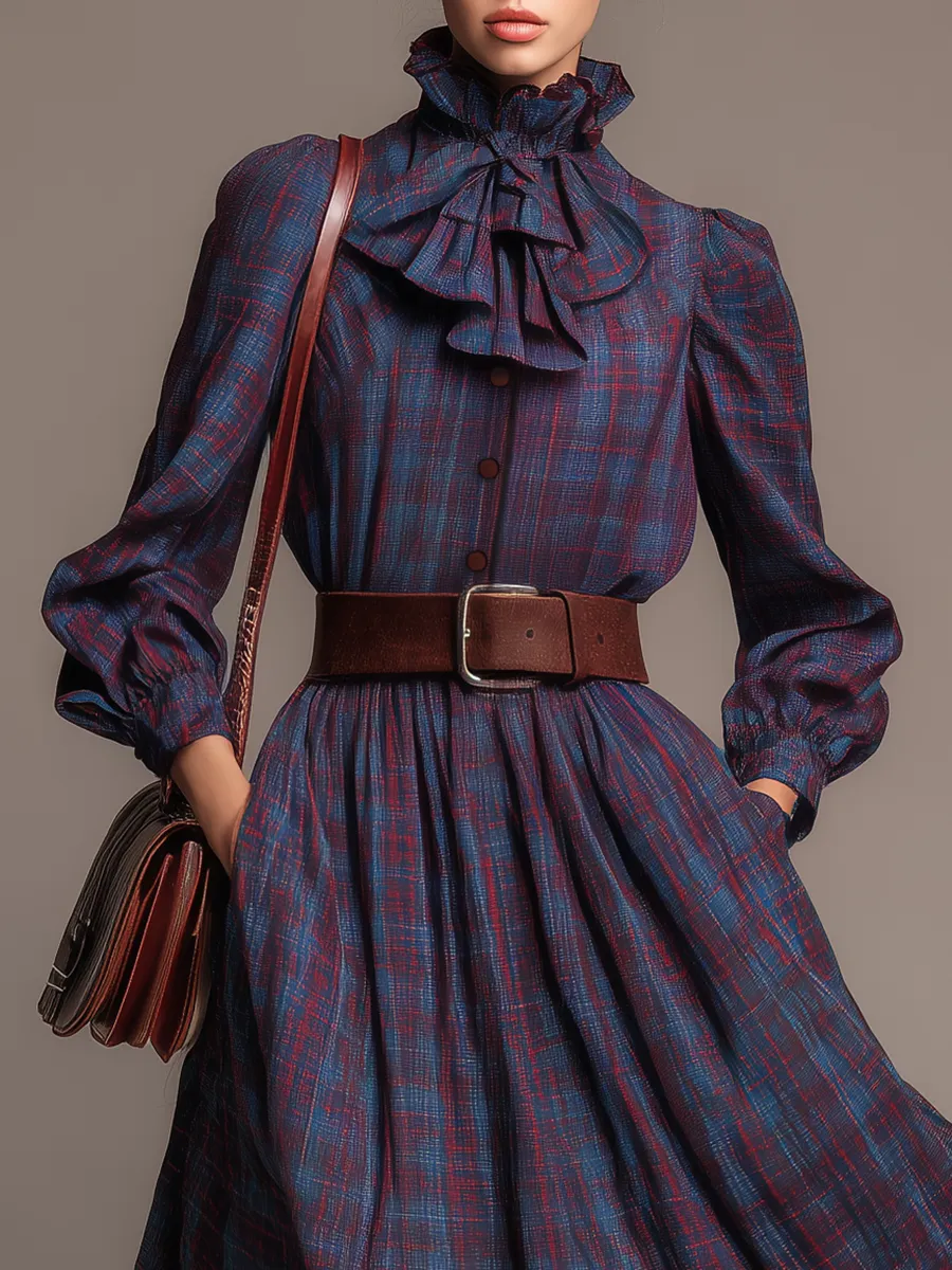 Elegant Retro Plaid Stand Collar Long Sleeve Dress sold by Oyrosy product image thumbnail 3
