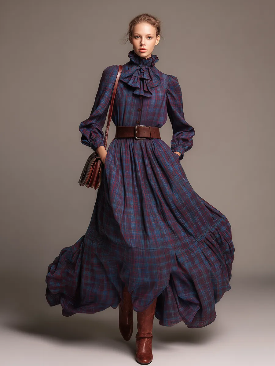 Elegant Retro Plaid Stand Collar Long Sleeve Dress sold by Oyrosy product image thumbnail 2