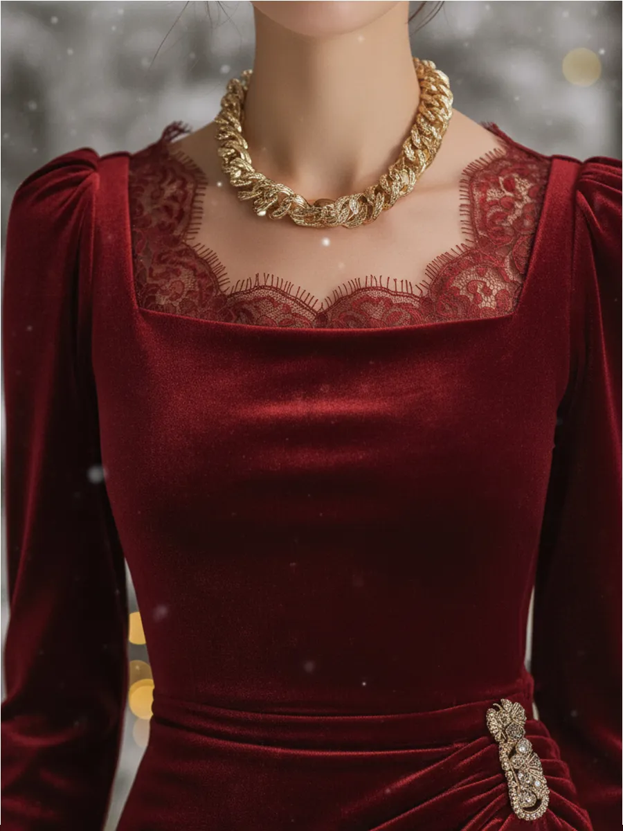 Retro Elegant Square Neck Lace Velvet Midi Dress sold by Oyrosy product image thumbnail 3