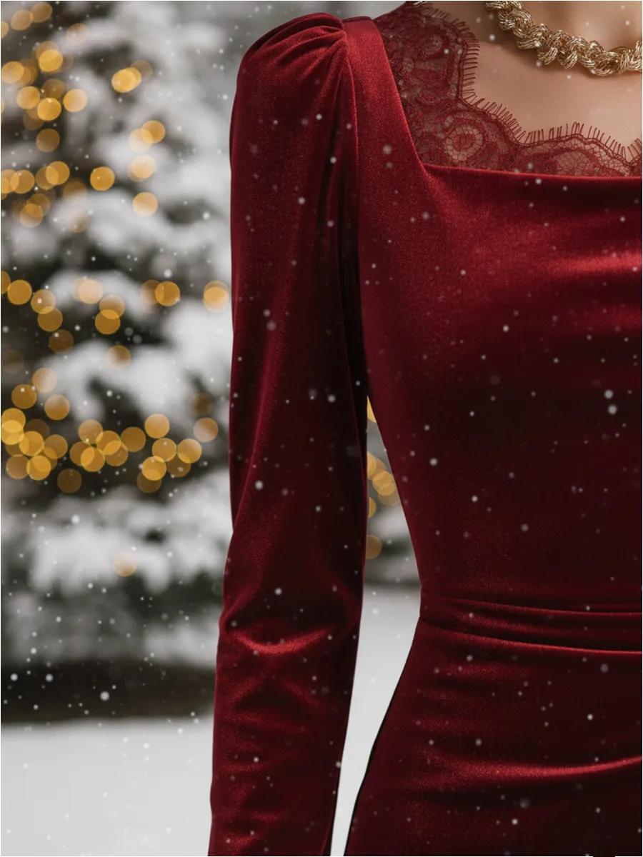 Retro Elegant Square Neck Lace Velvet Midi Dress sold by Oyrosy product image thumbnail 4