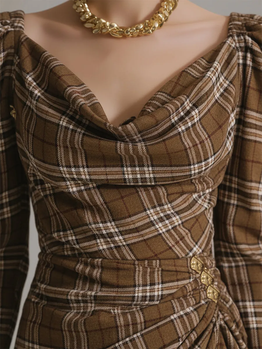 Vintage Plaid Long Sleeve Shirred Midi Dress sold by Oyrosy product image thumbnail 3