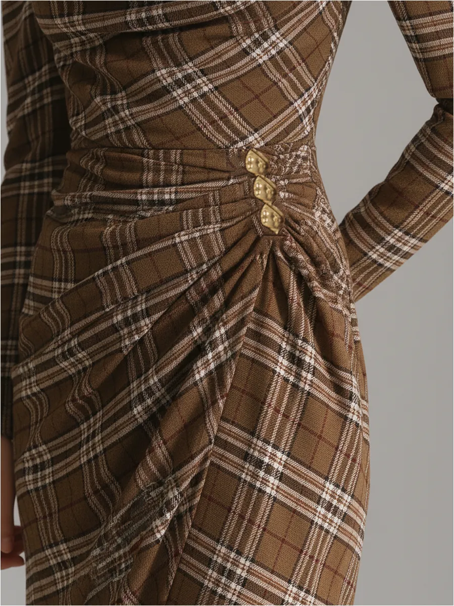 Vintage Plaid Long Sleeve Shirred Midi Dress sold by Oyrosy product image thumbnail 5