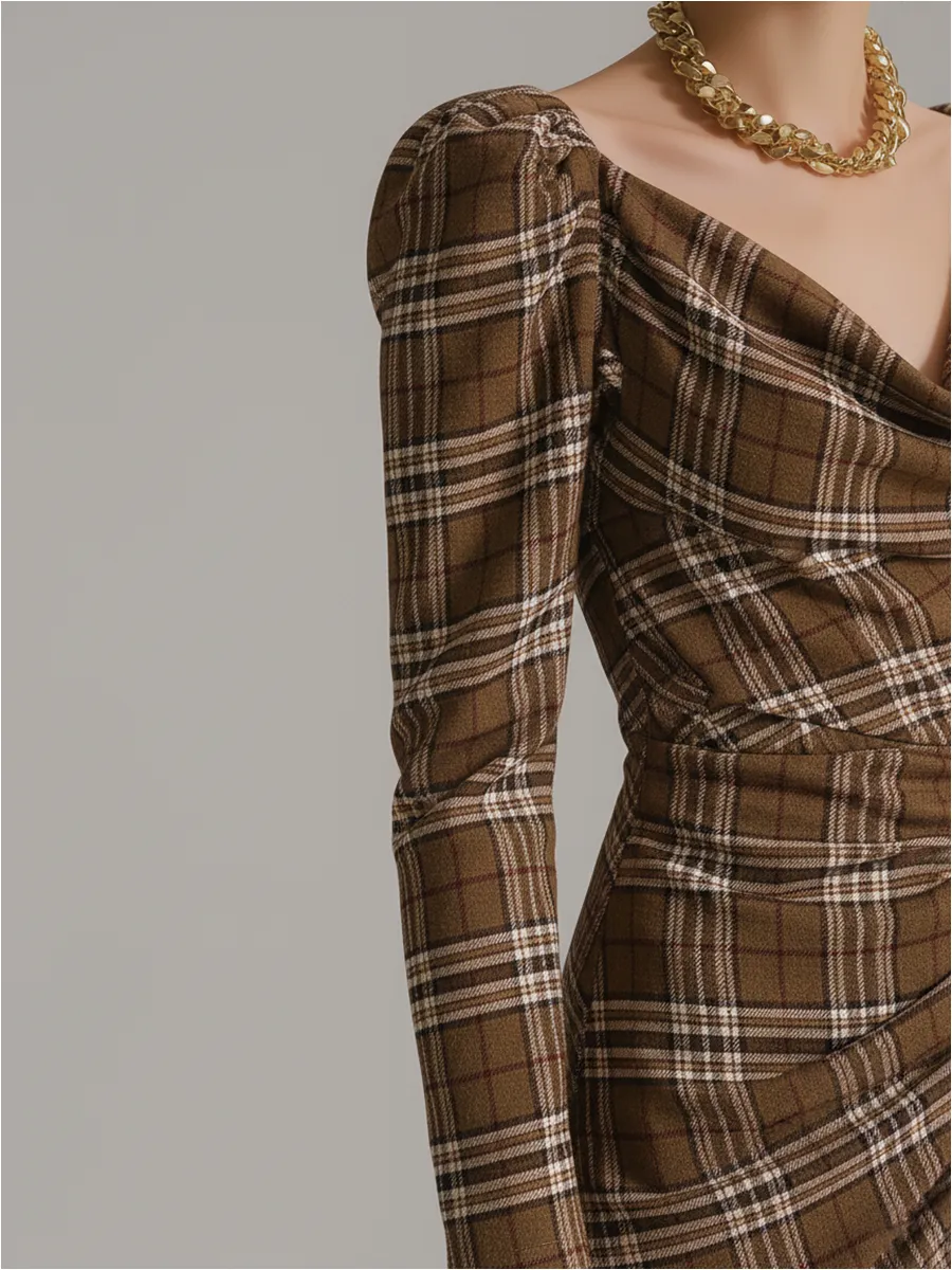 Vintage Plaid Long Sleeve Shirred Midi Dress sold by Oyrosy product image thumbnail 4
