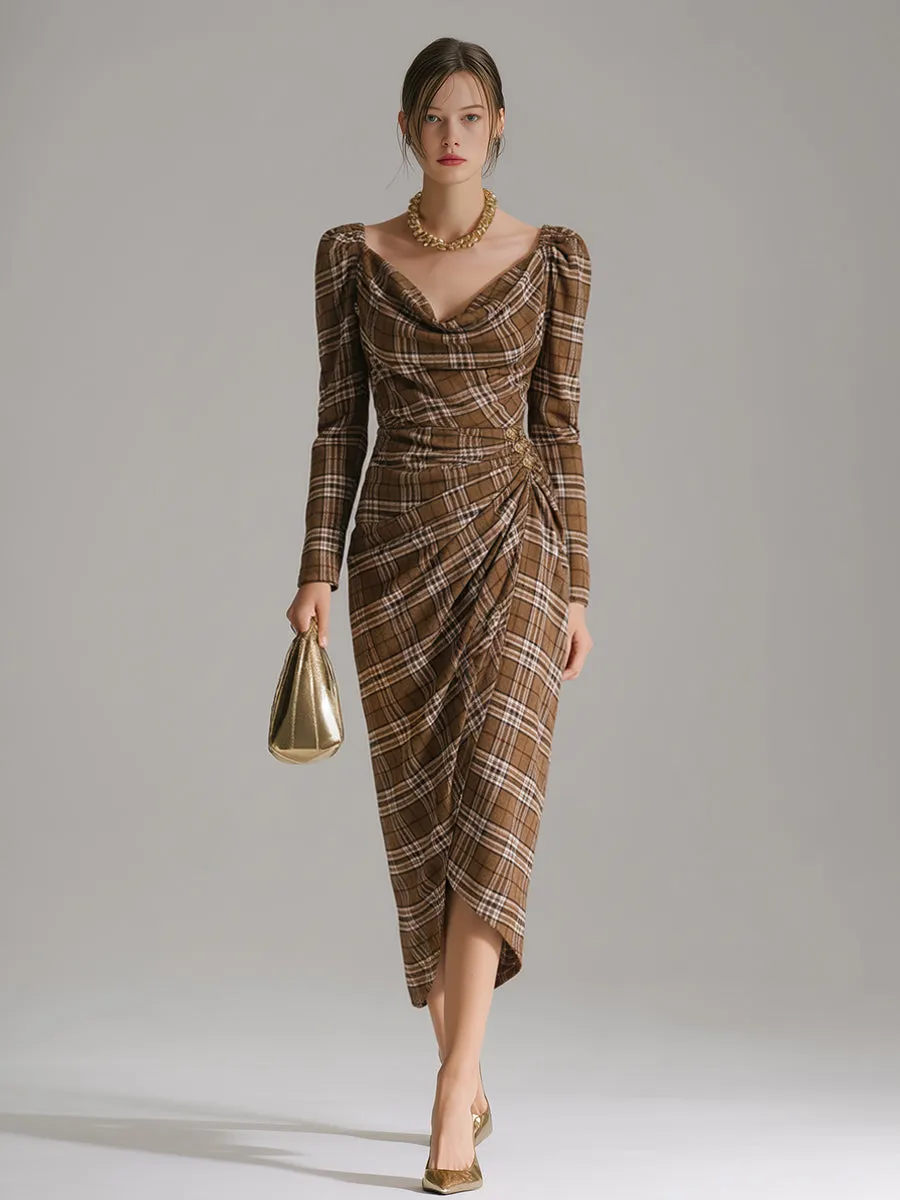 Vintage Plaid Long Sleeve Shirred Midi Dress sold by Oyrosy product image thumbnail 2