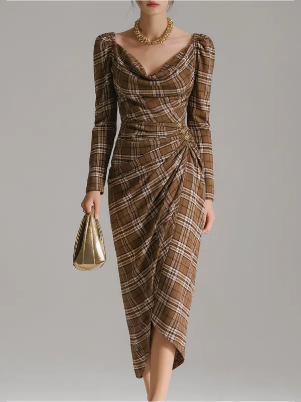 Vintage Plaid Long Sleeve Shirred Midi Dress sold by Oyrosy