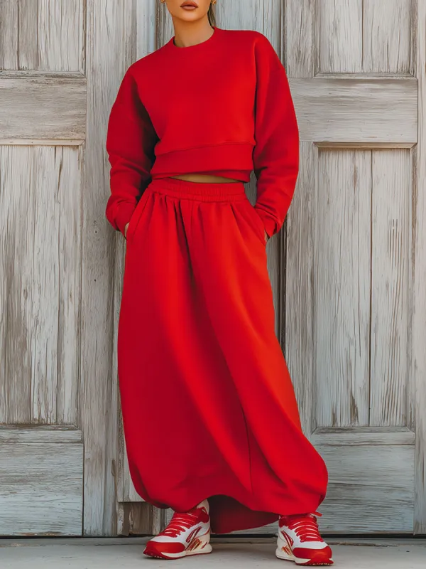 Casual Loose Red Round Neck Sweatshirt Skirt Sports Set sold by Oyrosy