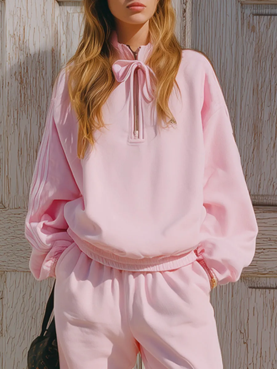Casual Loose Pink Half-zip Sweatshirt Pants Sports Set sold by Oyrosy product image thumbnail 4