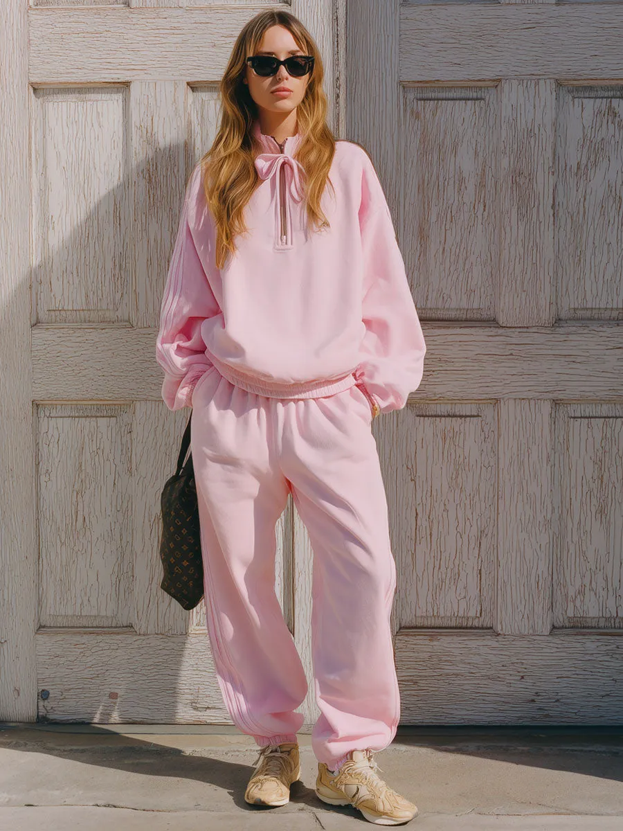 Casual Loose Pink Half-zip Sweatshirt Pants Sports Set sold by Oyrosy product image thumbnail 2