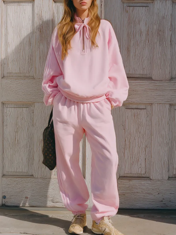 Casual Loose Pink Half-zip Sweatshirt Pants Sports Set sold by Oyrosy