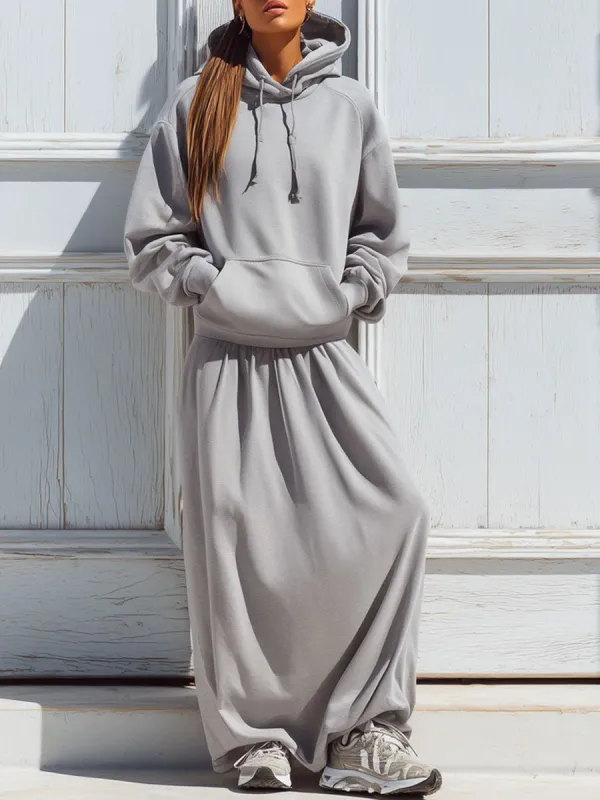 Casual Loose Light Gray Hoodie Skirt Sports Set sold by Oyrosy