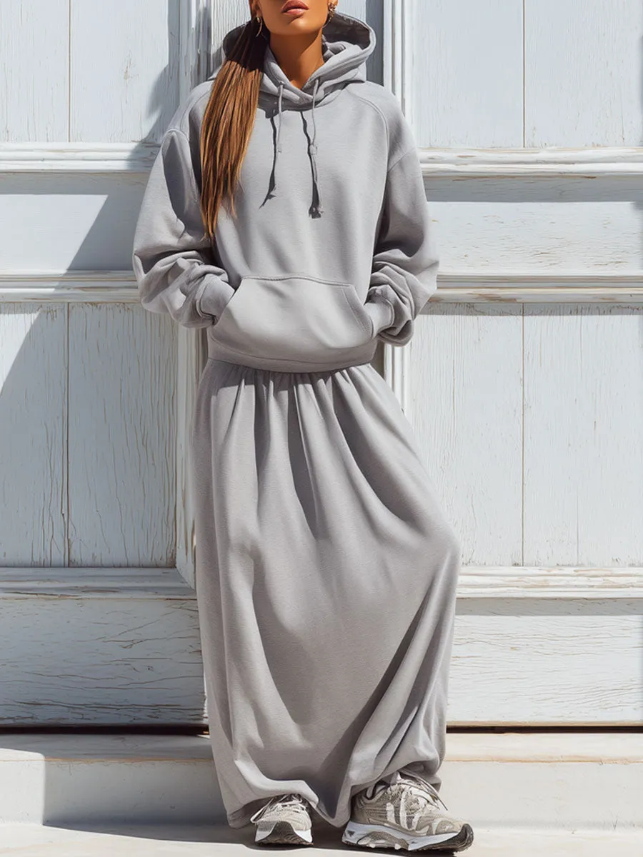Casual Loose Light Gray Hoodie Skirt Sports Set sold by Oyrosy