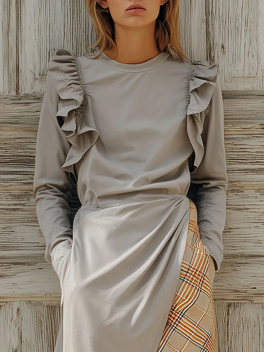 Retro Yellow Plaid Light Gray Round Neck Ruffled Sports Maxi Dress sold by Oyrosy product image thumbnail 3