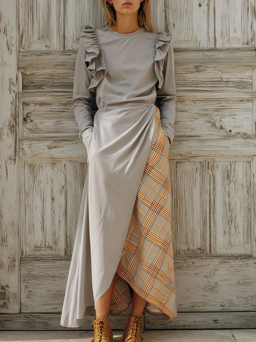 Retro Yellow Plaid Light Gray Round Neck Ruffled Sports Maxi Dress sold by Oyrosy