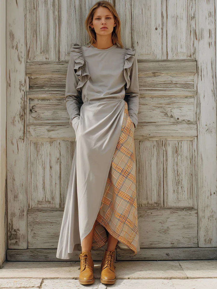 Retro Yellow Plaid Light Gray Round Neck Ruffled Sports Maxi Dress sold by Oyrosy product image thumbnail 2