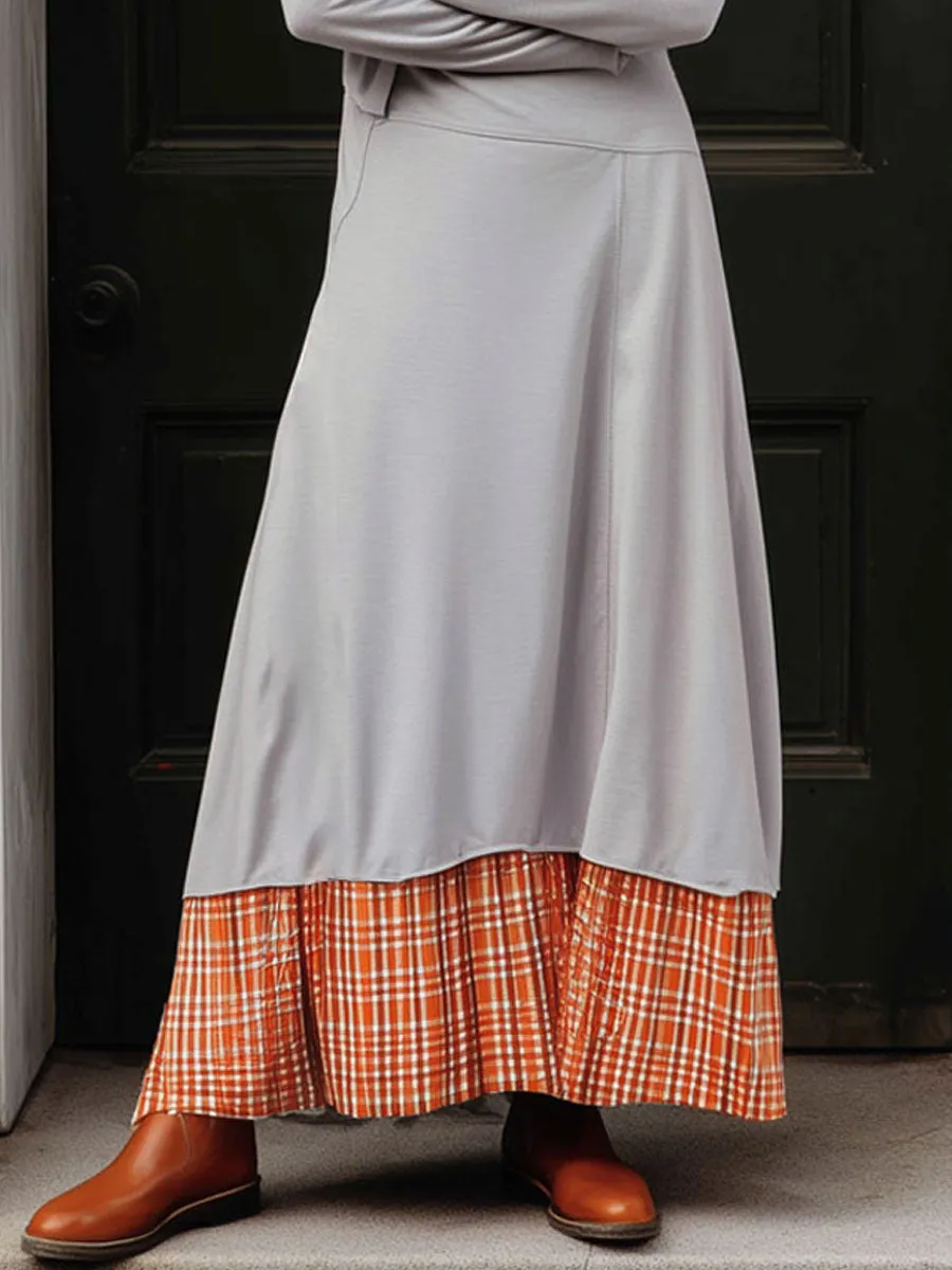 Retro Orange Plaid Light Gray Round Neck Ruffled Long Sleeve Sports Maxi Dress sold by Oyrosy product image thumbnail 4