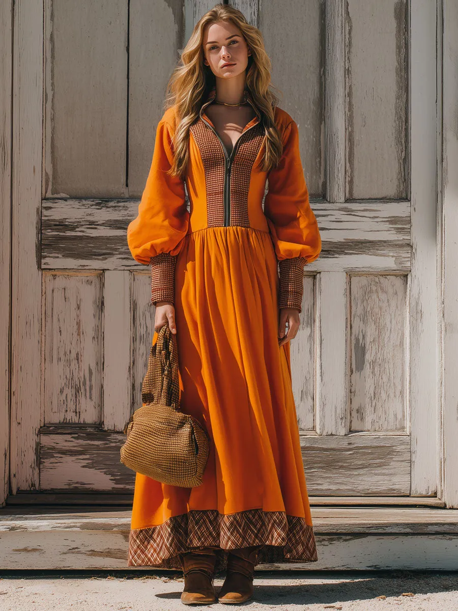 Vintage Plaid Orange Half-Zip Sports Maxi Dress sold by Oyrosy product image thumbnail 2