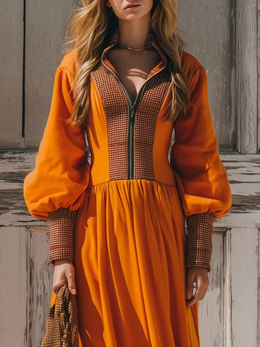 Vintage Plaid Orange Half-Zip Sports Maxi Dress sold by Oyrosy product image thumbnail 3