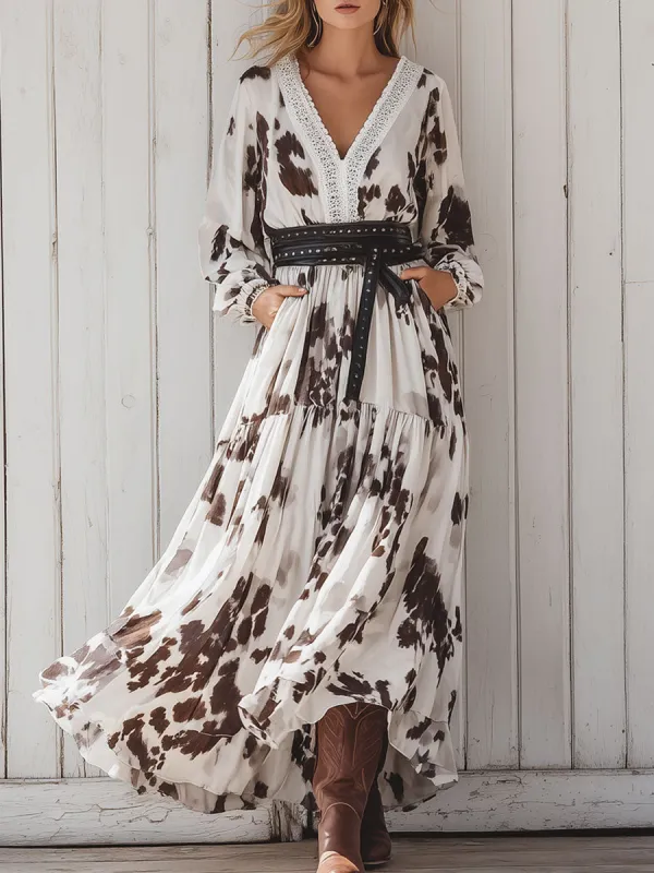 Western Retro Brown Cow Pattern White Chiffon Long Sleeve Maxi Dress sold by Oyrosy