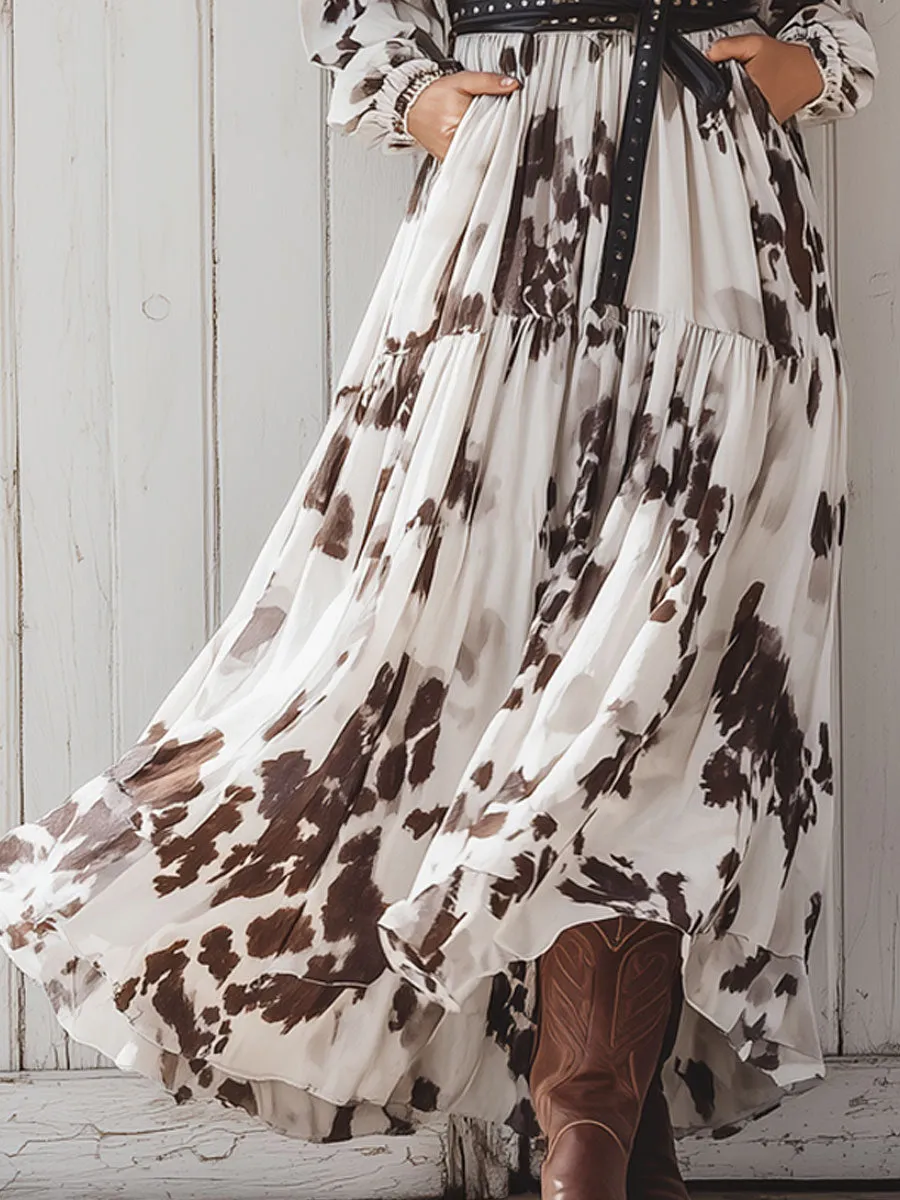Western Retro Brown Cow Pattern White Chiffon Long Sleeve Maxi Dress sold by Oyrosy product image thumbnail 4