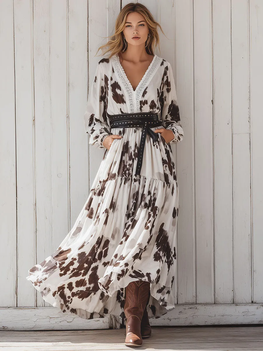 Western Retro Brown Cow Pattern White Chiffon Long Sleeve Maxi Dress sold by Oyrosy product image thumbnail 2