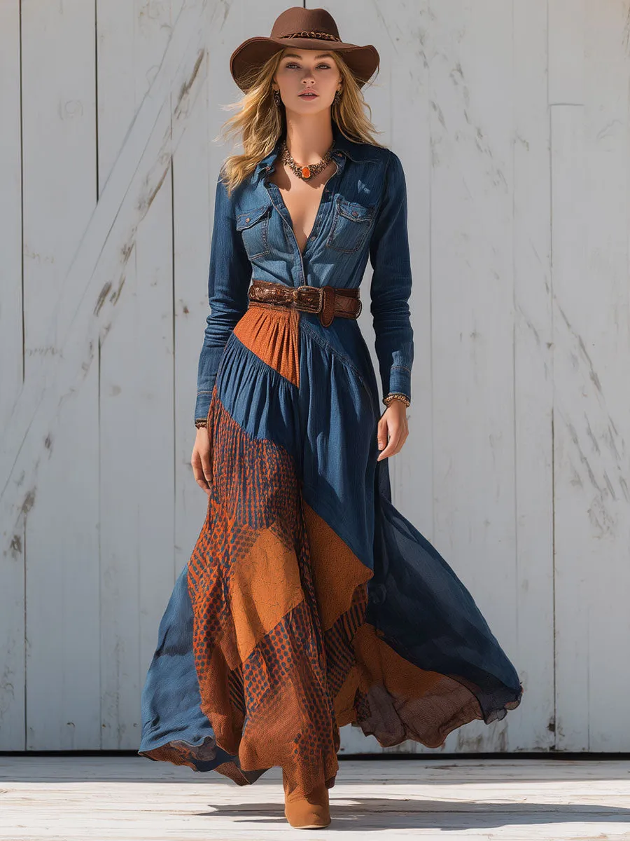 Western Retro Plaid And Dark Blue Denim Long-sleeved Shirt Maxi Dress sold by Oyrosy product image thumbnail 2