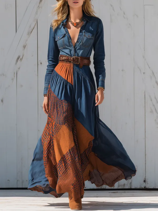 Western Retro Plaid And Dark Blue Denim Long-sleeved Shirt Maxi Dress sold by Oyrosy
